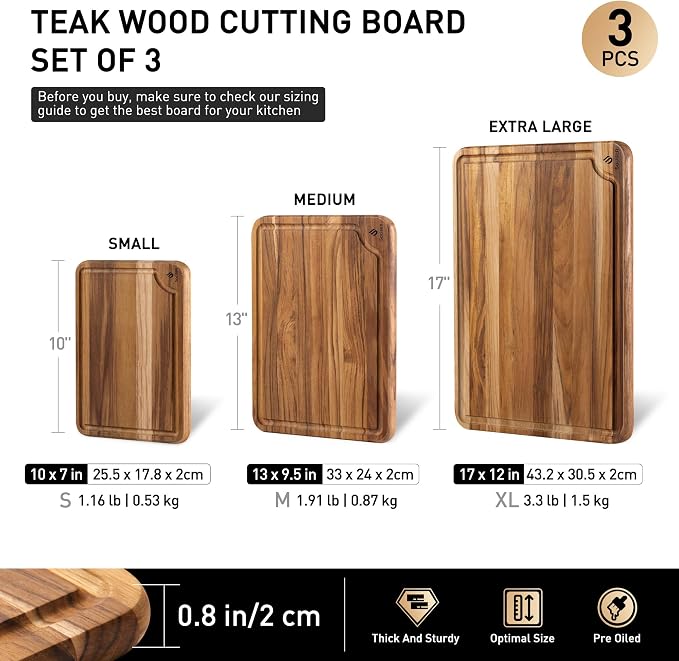 Teak Wood Cutting Board Set for Kitchen High-End Non Toxic Non Slip Over Sink Solid Thick Wood Haus Chopping Board Extra Large Big Small Best Kitchen Essential House Warming Hostess Host Gift