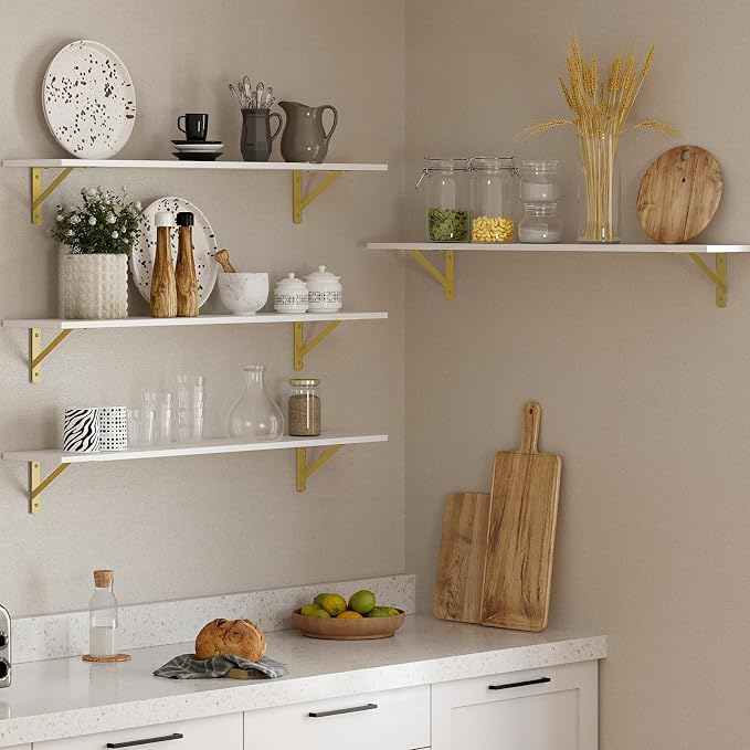 DINZI LVJ Long Wall Shelves, Set of 4, 39.4Inch Wall Mounted Shelves, Floating Shelves for wall Storage with Metal Brackets, for Living Room, Bathroom, Bedroom, Kitchen, White and Gold