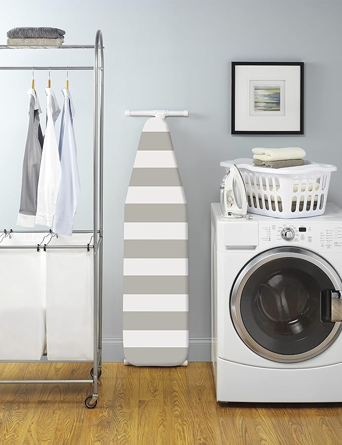 Whitmor Ironing Board Cover with 3mm Foam Pad, Fits 13-15 x 52-54 In | 100% cotton cover, 3mm foam pad, drawstring with barrel lock, naturally scorch resistant, Paloma gray stripe.