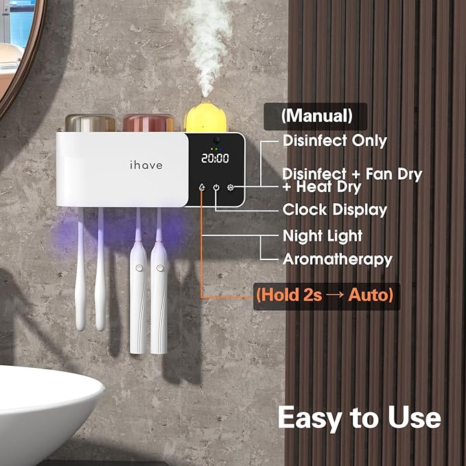 iHave Toothbrush Holders Wall Mounted with Toothbrush Sanitizer & Aromatherapy Diffuser | Auto-Cycle Disinfection, Heated Fan Drying, USB Rechargeable, IR Night Light,LED - 2 Cups Bathroom Organizer