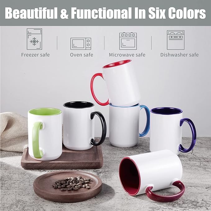 TANGLONG Sublimation Mugs 15 oz Set of 12 Sublimation Blank with Box Bulk Coffee Mugs Coffee Cups Tazas Para Sublimar 6 Assorted Colors