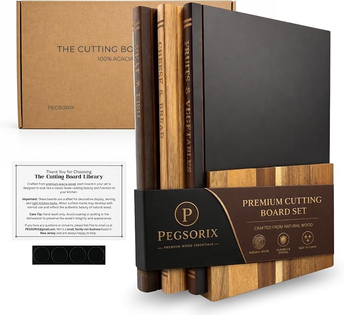 The Cutting Board Library™ (Original Design) | Decorative Kitchen Board Collection Bundle with Display Stand | Premium Acacia Wood | Stabilized Non-Slip Base