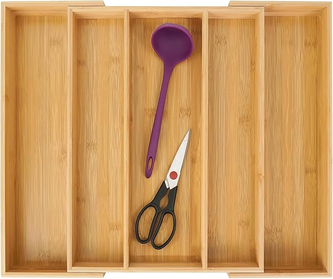 Utoplike Bamboo Expandable Kitchen Drawer Organizer, Adjustable Utensil Holder and Cutlery Tray Organiser, Drawer Divider for Silverware, Flatware, Knives in Kitchen, Bedroom, Living Room, 5 Slot