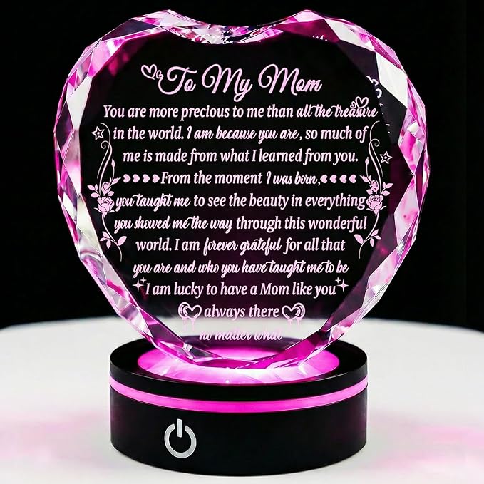 Arikyrist Gifts for Mom from Daughter Son with Colorful LED Base, Unique Moms Birthday Gifts Crystal Heart Keepsakes to My Mom Gift for Mother's Day Thanksgiving Presents for Best Mother Ever