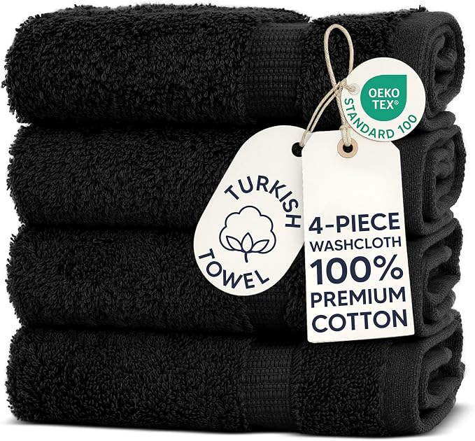 Chakir Turkish Linens | Hotel & Spa Quality 100% Cotton Premium Turkish Towels | Soft & Absorbent (4-Piece Washcloths, Black)