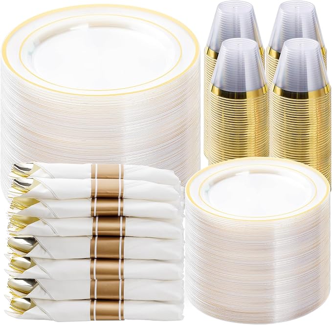 BESTVIP 700PCS Clear Gold Plastic Dinnerware Set for 100 Guests, Disposable Party Plate for Christmas and New Year, Include: 200 Plastic Plates, 100 Pre Rolled Napkins with Silverware, 100 Cups