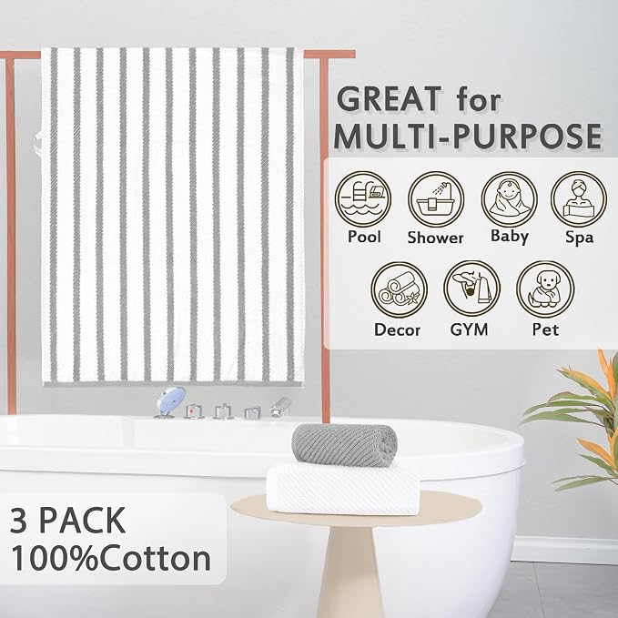 VOOVA & MOVAS Stripe 3PC Towel Set, 100% Cotton, Grey | 1 Stripe Large Bath 30x54 In,1 White Hand 18x28 In,1 Grey Washcloth 13x13 In, Quick Dry, Thick, Dorm Room Essentials