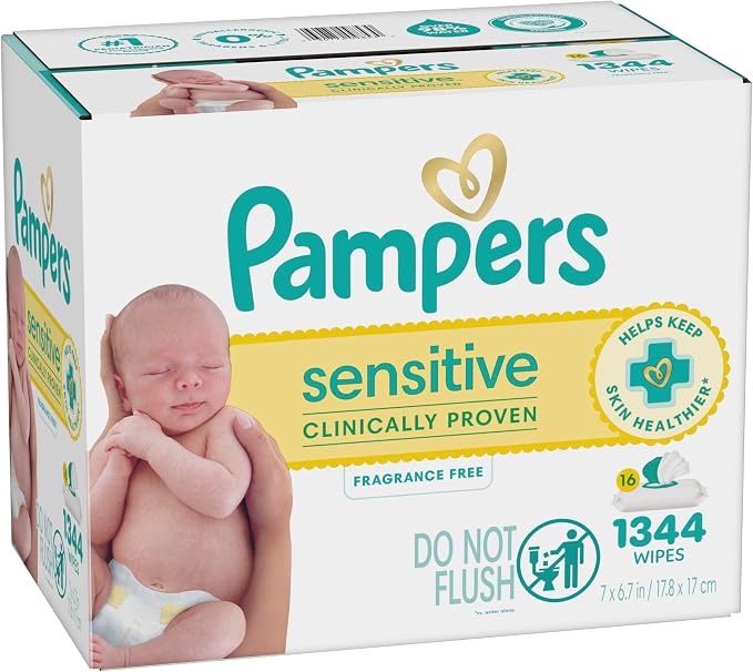Pampers Sensitive Baby Wipes, Clinically Proven, Fragrance Free, Unscented, Water Based, Hypoallergenic, Multi-Use, Hand Wipes 1344 Wipes Total (24X Flip-Top Packs) [Packaging May Vary]