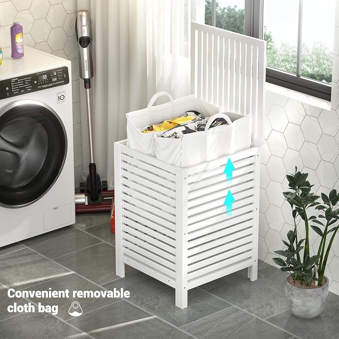 Bamboo Laundry Hamper with Lid, 120L Large Clothes Laundry Sorter with Removable 2-Section Liner Bag, Raised Laundry Basket Organizer for Clothing, Bathroom, Bedroom, Laundry Room, White