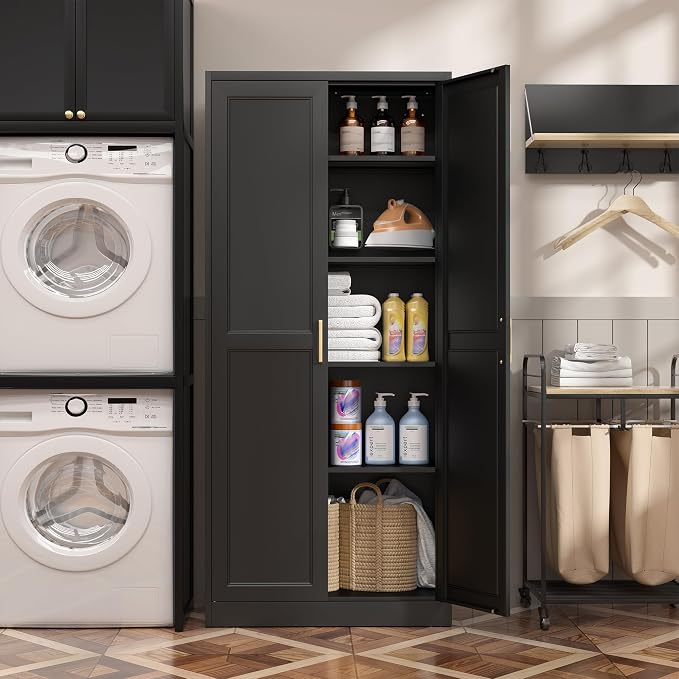 Steeloong 71"Metal Pantry Storage Cabinet with Doors & 4 Adjustable Shelves | Kitchen Pantry Cabinet,Black Kitchen Cabinet with 2 Gold Handles,Tall Cabinet for Livingroom,Pantry, Bathroom,Kitchen,Garage