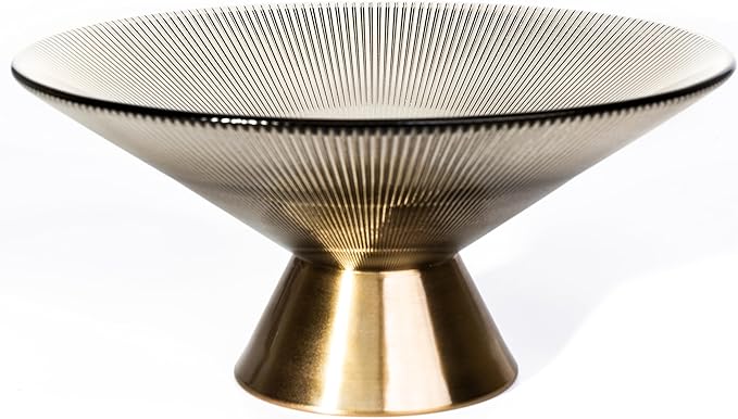 Tapered Glass Decorative Bowl(Coffee Brown) ,9.8 Inches Handblown Striped Design Glass Bowl with Rust Resistant Metal Base,Decor Fruit Bowl for Home Decor,Table Centerpiece,Kitchen Island,Dining Decor