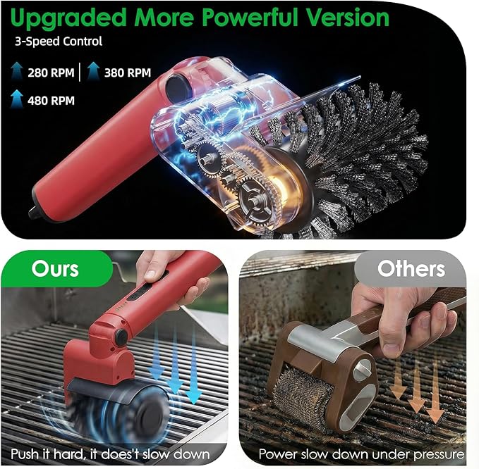 Electric BBQ Grill Brush Rechargeable, 3 Powerful Speed Rechargeable Electric Grill Brush for Outdoor Grill, 90° Adjustable, Stainless Steel Rotary Brush Head, Automatic Grill Cleaning Brush