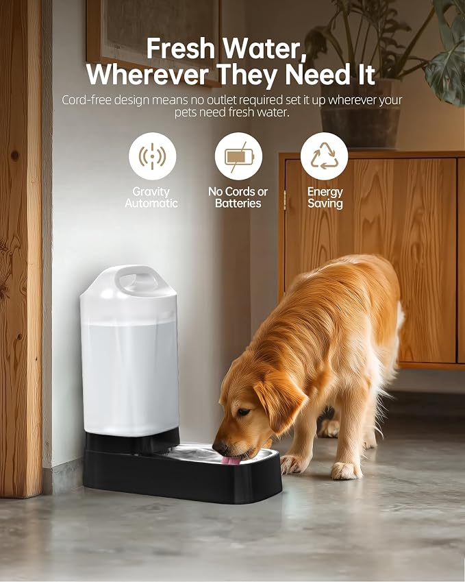 Automatic Dog Water Bowl Dispenser - 2.4 Gallon Gravity Pet Water Dispenser with 304 Stainless Steel Bowl, Dog Auto Feeders Bowls Self Waterer, Easy-Carry Handle for Large Dogs & Cats, Multi-Pet Home