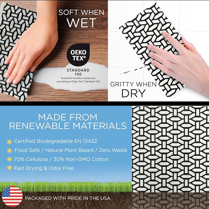 LOLA Swedish Dishcloths XL on a Roll, 30 Sheets, Geometric Pattern, Perforated 11" x 10" Sheets w/Hook, Reusable Absorbent Unpaper Towels Cellulose Sponge Cloth Biodegradable Made in Germany