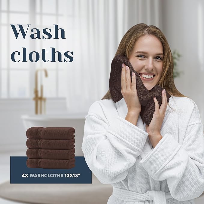 White Classic Luxury Bath Towel Set of 8 Pieces - 100% Turkish Cotton Highly Absorbent Towels for Bathroom, 2 Luxury Bath Towels 700GSM, 2 Hand Towels, 4 Washcloths, Brown