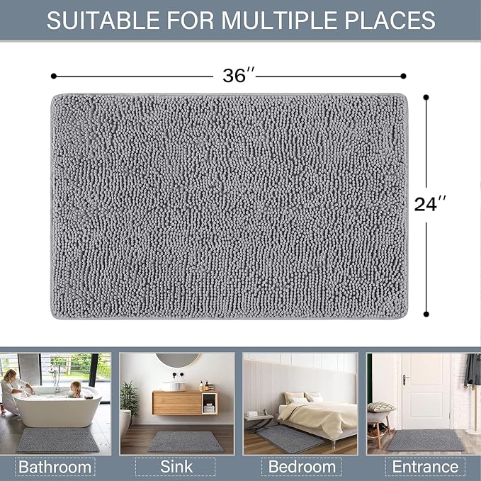 LOCHAS Luxury Bathroom Rug Shaggy Bath Mat 24 x 36 Inch, Gray | Washable Non Slip Bath Rugs for Bathroom Shower, Soft Plush Chenille Absorbent Carpets