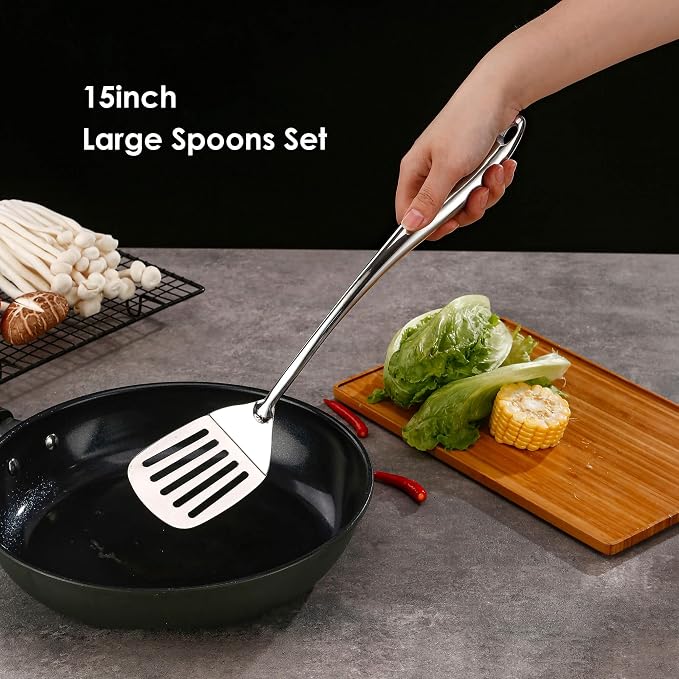 304 Stainless Steel Kitchen Utensil Set - 9 PCS Serving Utensils, Cooking Utensil, Solid Spoon, Slotted Spoon, Fork, Spatula, Ladle, Skimmer Spoon, Slotted Spatula Tunner, Spaghetti Spoon, Large Spoon | All Metal Spatula Spoon Set - Turner, Ladle, Skim...