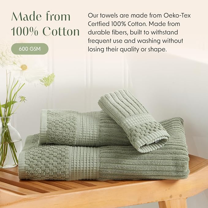 Springtree Home 100% Cotton Bath Towel Set | 4-Pack | Textured | Green | Absorbent & Quick-Dry Bathroom Towels | Textured and Durable Cotton Towels for Bathroom | OEKO-TEX | Krista Collection
