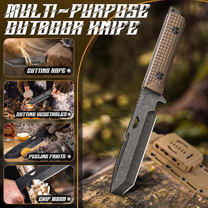 Dragon Creek Tactical Knife Kydex - D2 Steel Outdoor Knife with Sheath | Brown G10 Full Tang Handle for Outdoor Survival Camping Hiking Thanksgiving Gift Men