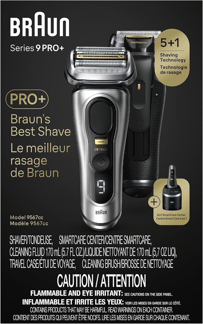 Braun Series 9 PRO+ Electric Razor for Men, 5 Pro Shave Elements & Precision Long Hair Trimmer, 6in1 SmartCare Center, Wet & Dry Electric Shaver for Smooth Skin with 60min Battery Runtime, 9567cc