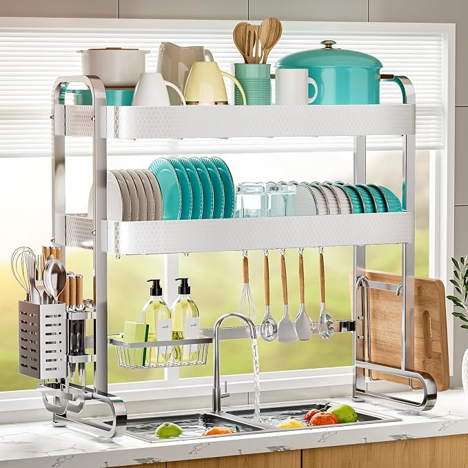 HOWDIA 3-Tier Over The Sink Dish Drying Rack, 304 Stainless Steel | Honeycomb Design, Cutlery Holder & Chopping Board Rack, 33.86” x 11.81” x 33.07” for Maximum Kitchen Storage