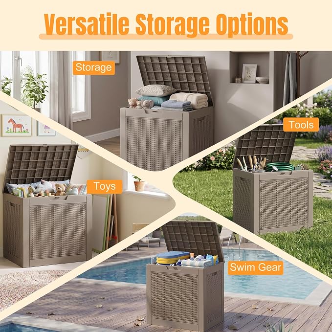 Outdoor Storage Box, 38 Gallon Waterproof Resin Patio Deck Box | UV Resistant Lockable Package Delivery Bin, Toy Cabinet, Shoe & Garden Tools Storage, Ottoman, Indoor/Outdoor