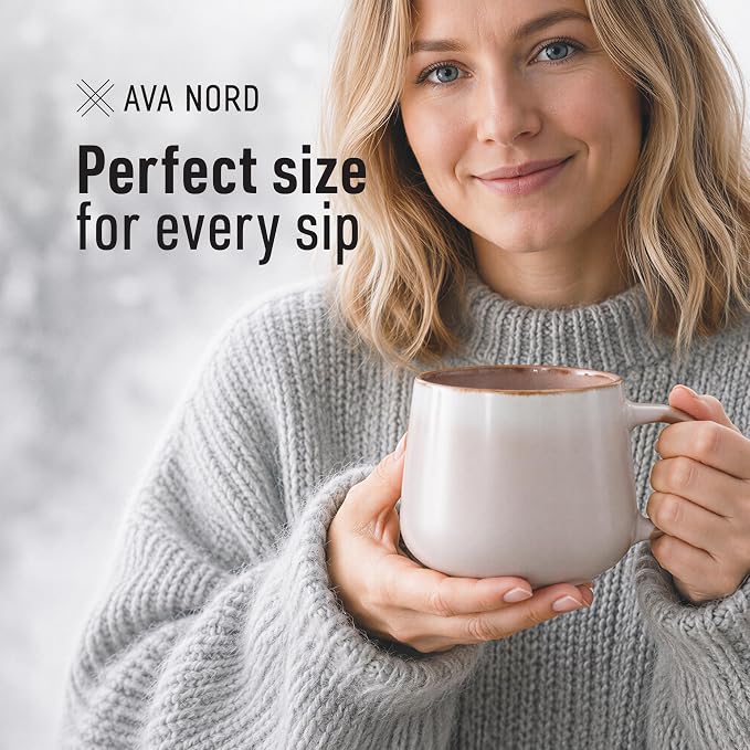 Ava Nord Large Stoneware Ceramic Coffee Mugs Set of 2 | 20 oz | Rose Sand | Lead-Free, Non-Toxic, Freezer - Microwave & Dishwasher Safe, Comfortable Handle, Aesthetic Nordic Design for Tea, Cocoa