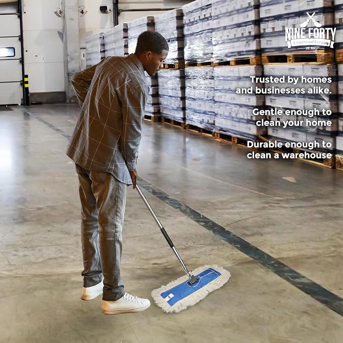 Nine Forty Heavy Duty, Industrial-Strength Cotton Wedge Dust Mop Head w/ Handle - Home & Commercial Hardwood Floor Cleaning - Designed for High-Performance Janitorial & Housekeeping Tasks