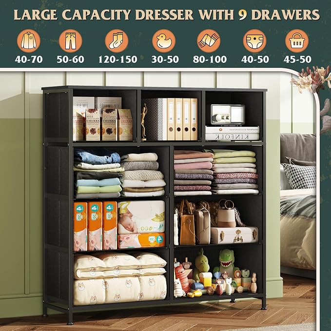 WLIVE 9 Drawer Dresser, Fabric Storage Tower for Bedroom, Hallway, Closet, Tall Chest Organizer Unit for Bedroom with Fabric Bins, Steel Frame, Wood Top, Easy Pull Handle, Vintage Green