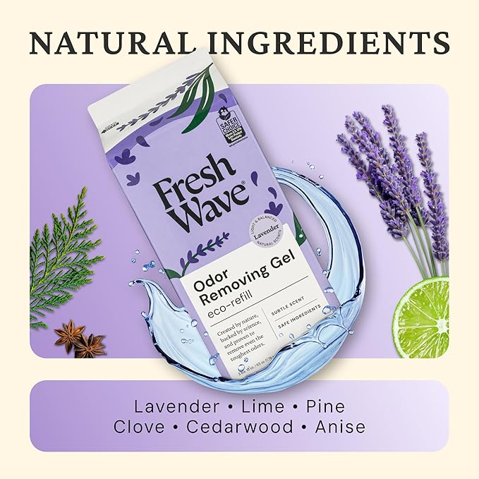 Fresh Wave Odor Removing Gel Eco-Refill, 63 oz. Lavender Scent | 4 Empty Refillable Glass Jars | 4 Room Set
