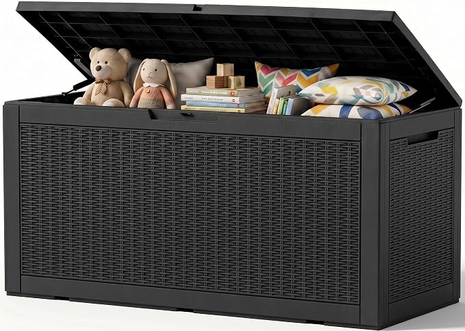 Outdoor Storage Box, 160 Gallon Waterproof Resin Deck Box with Support Rod | UV Resistant Lockable Package Delivery Bin, Shoe, Patio & Garden Tools Storage, Toy Cabinet, Ottoman, Indoor/Outdoor