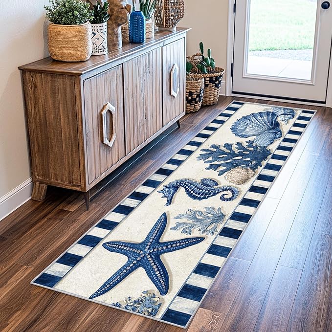 2x9 Marine Life Runner Rug for Hallway, Washable Seahorse Coral Reef Rug Runner Non Slip, Blue Seashell Home Decor Carpet for Kitchen, Bedroom, Entryway, Laundry Room, Ultra Thin Soft H223