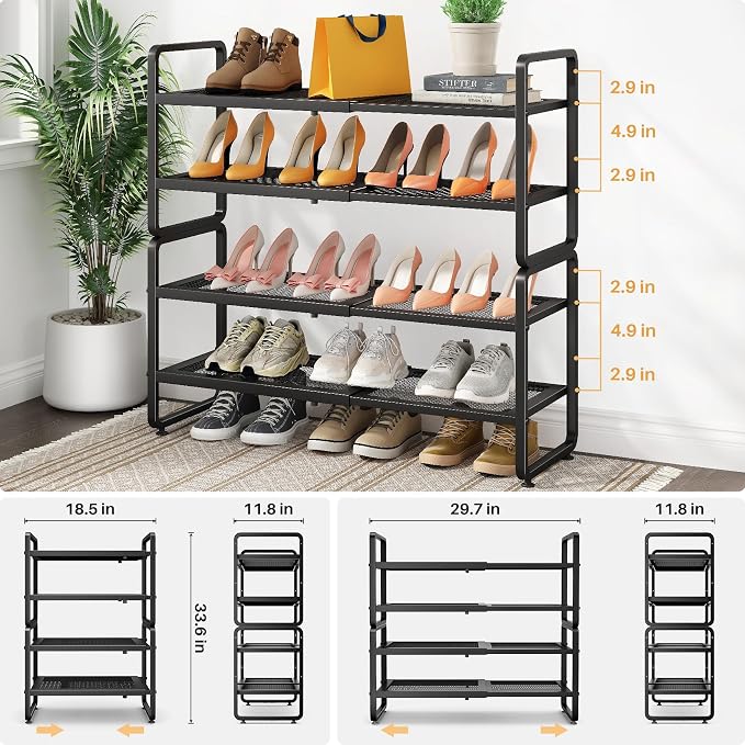 SNTD Shoe Rack - Expandable Shoe Organizer for Closet, Adjustable Metal Shoe Shelf Storage, Stackable Long Shoe Stand Holder for Garage, Entryway, Door Entrance (Black, 4-Tier)