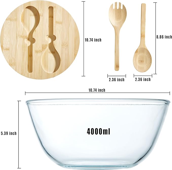 Glass Salad Bowl With Lid, 4.7 Quart Large Glass Mixing Bowls Serving Bowls With Bamboo Utensils, 10.7Inch Trifle Bowl for Salad, Pasta, Dessert Display Cake, Microwave Safe