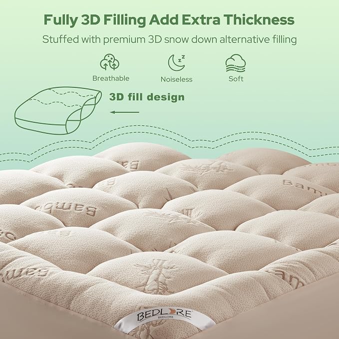 BEDLORE Queen Mattress Topper Viscose Derived from Bamboo, Thick Pillow Top Mattress Pad with Stretchable Pockets for 6-18 inches Mattress, Soft Mattress Topper for Back Pain Relief(Beige)