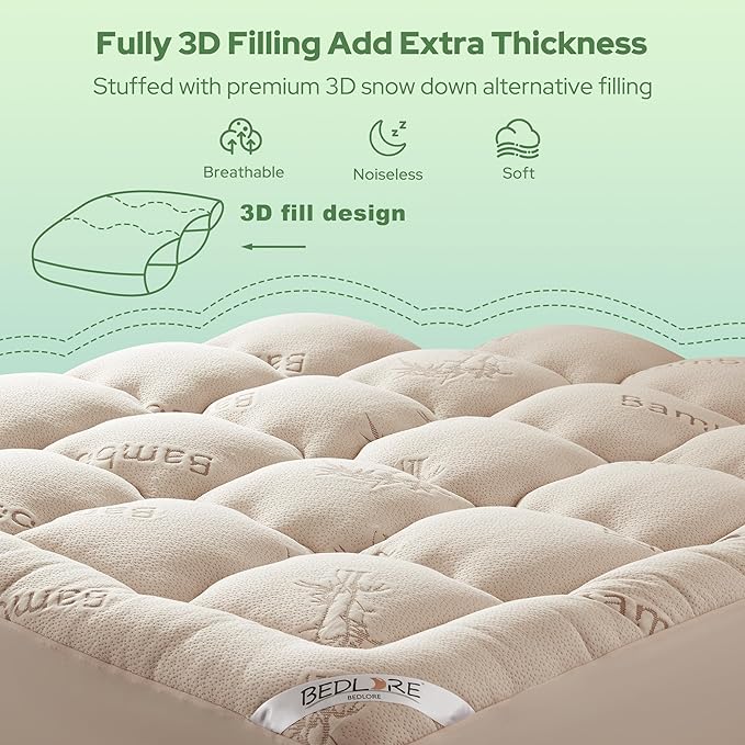 BEDLORE King Mattress Topper Viscose Derived from Bamboo, Thick Pillow Top Mattress Pad with Stretchable Pockets for 6"-18" Mattress, Soft Breathable Mattress Topper for Back Pain Relief(Beige)