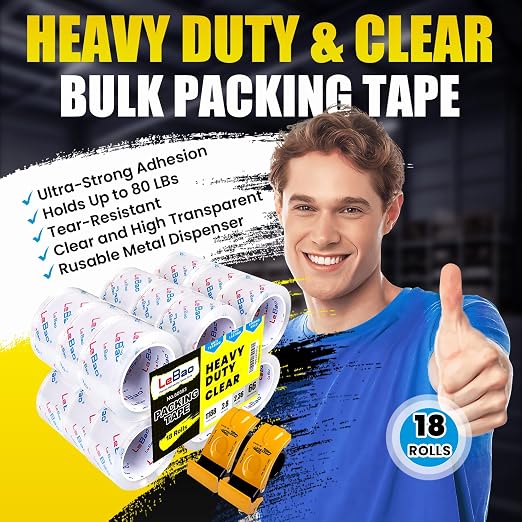 Bulk Pack Tape Heavy Duty Packing Tape with Dispenser – 18 Rolls Packaging Tape, 2.36 Inch x 66 Yd, 2.8 Mil – Strong Adhesive Package Tape for Moving & Shipping Supplies