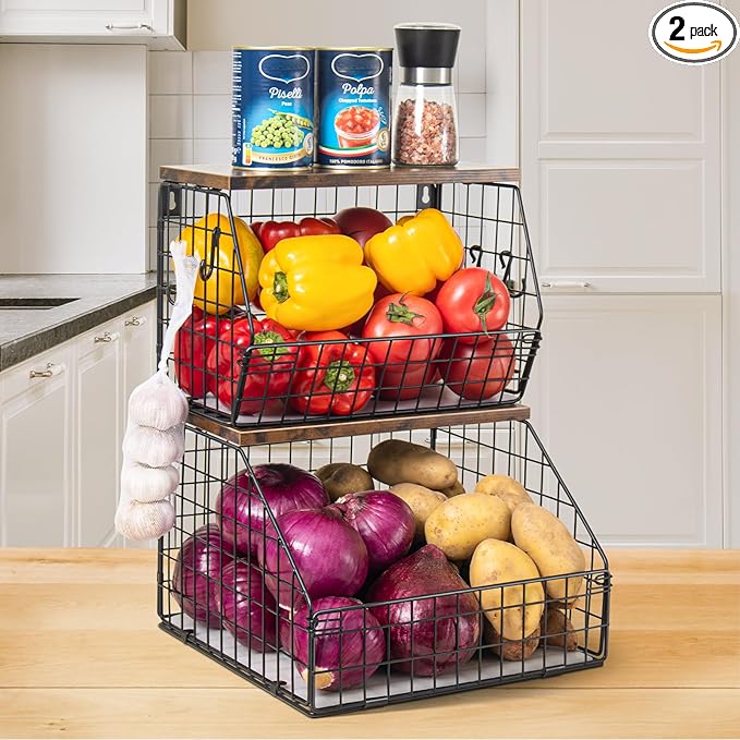 Mefirt Fruit Basket, Stackable Wall Mounted Fruit Baskets, Potato Baskets Onion Storage for Kitchen, Hanging Wire Basket with Wood Lid, 2-Tier Vegetable Organizer Kitchen Countertop Organization