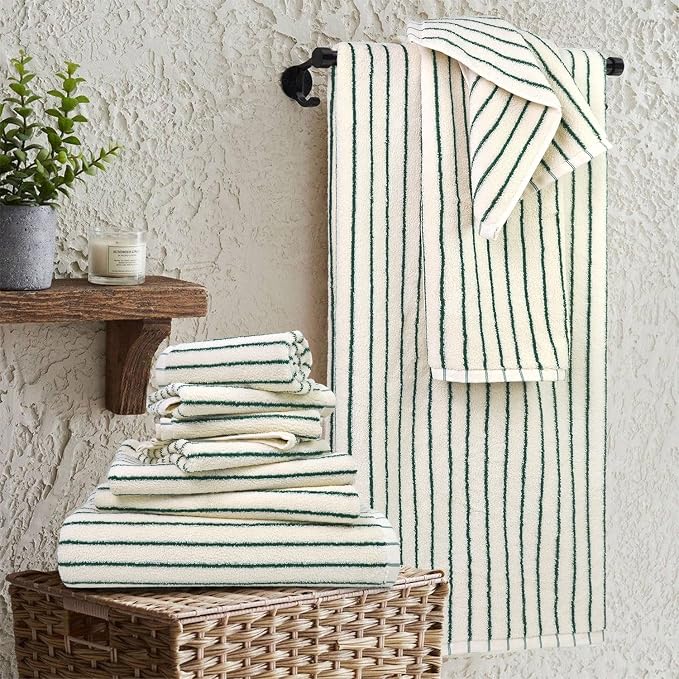 8 Piece Green Towel Set, Super Soft & Absorbent Cotton Striped Towels | for Bathroom Decor, 2 Bath, 2 Hand, 4 Washcloths
