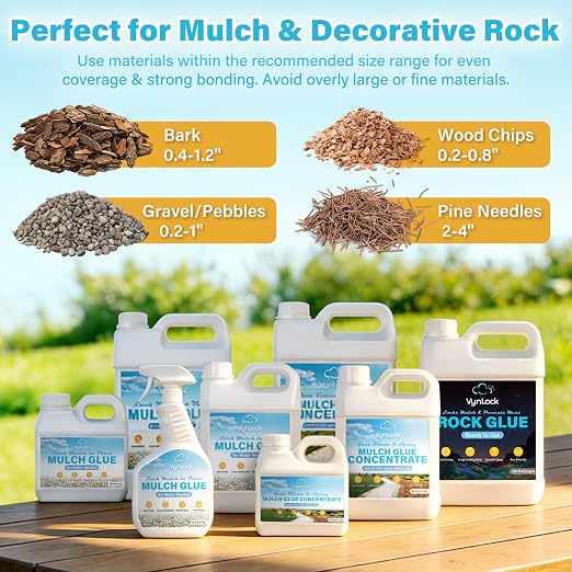 Mulch Glue for Landscaping 2 Gallon, Ready-to-Use Rock Glue & Gravel Binder, Strong Hold for Mulch, Pebbles & Decorative Rocks, Smooth Spray, Helps Prevent Scatter & Erosion