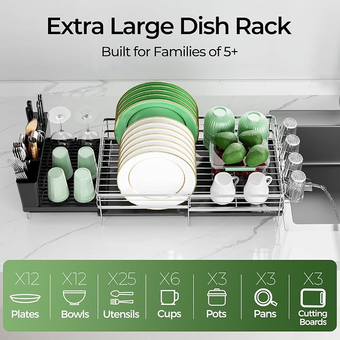 Large Dish Drying Rack, Expandable Dish Rack, Stainless Steel Anti-Rust Dish Racks for Kitchen Counter, Multifunctional Dish Drainer with Utensil Holder & Cup Holder, 13.4"-28.7" L x 11.8" W