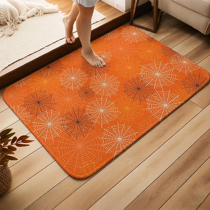 Orange Halloween Washable Area Rugs for Living Room Bedroom, Large Non Slip Indoor Floor Carpet Absorbent Low Pile Black White Net Halloween Door Mat Rugs for Bathroom Entryway 47.2"x63"