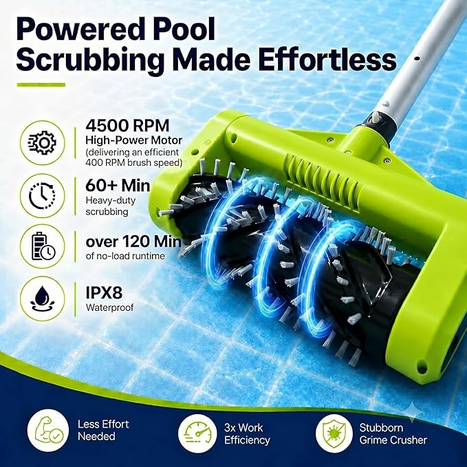 Sepetrel Electric Pool Brush Head, Cordless Motorized Pool Scrubber for Inground & Above Ground Pools, IPX8 Waterproof Shaftless Magnetic Drive Roller Brush for Waterline & Wall Cleaning