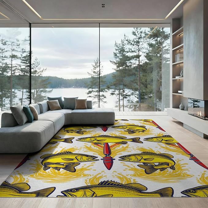 8'x10' Washable Area Rug Bass Splash Lure Bold Outlined Reel Tackle Motif Fish Fishing Refined Structured for King Size Bedroom, Master Suite, Under Bed, Foldable Easy Care