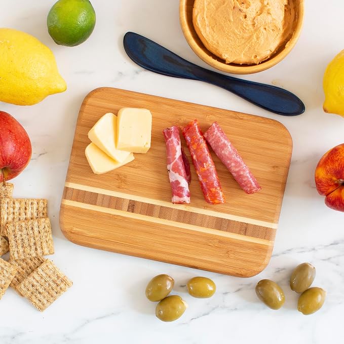 Totally Bamboo Barbados Small Bamboo Cutting Board, 9 x 6.5 Inches | Small cutting board for fruit, vegetables, garnishes, and sandwiches. End-grain bamboo inlay adds standout style.