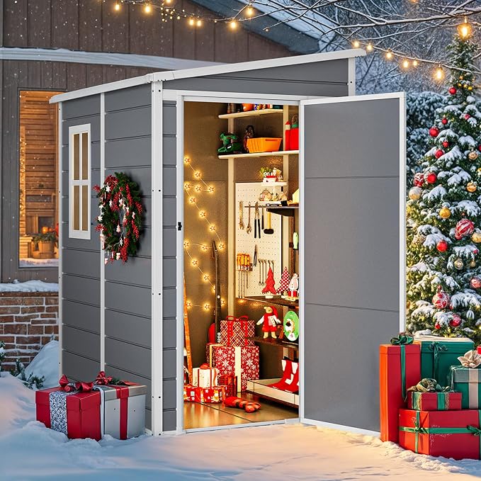 DWVO 5x4 FT Resin Storage Shed with Floor, All-Weather Outdoor Storage Shed with Lockable Door & Window, Waterproof Plastic Tool Shed for Garden, Backyard, Patio, Lawn, Gray