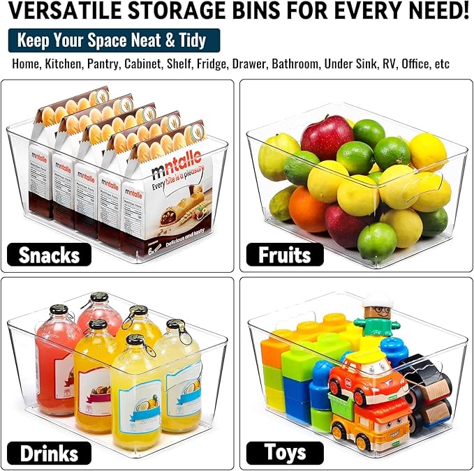 12 PACK LARGE Clear Storage Bins with Handles & Labels, Multiuse Plastic Pantry Organizer Bins for Home Kitchen, Fridge, Freezer, Cabinet, Closet, Bathroom, Shelf, Laundry, RV, Under Sink Organization
