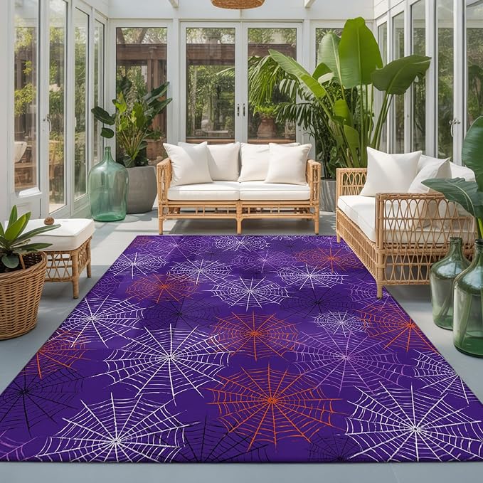 Large Area Rug 5'x7', Purple Halloween Washable Rectangular Area Rugs for Living Room Bedroom Office, Red Black White Net Halloween Non Slip Kitchen Rug Mats Indoor Floor Accent Throw Carpet