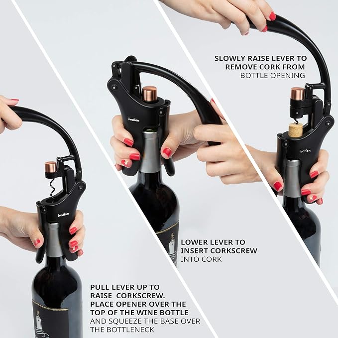 Ivation Wine Bottle Opener | Manual Handheld Corkscrew with Ergonomic Lever Pump, Standing Vertical Design, Soft Bottleneck Grip, Nonstick Screw & Easy No-Twist Cork Removal | Black & Bronze Stainless