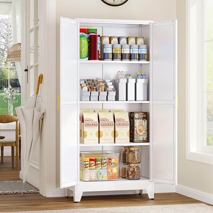 GAIOUS Metal Pantry Cabinet, Kitchen Pantry Storage Cabinets with 2 Door and 3 Adjustable Shelves, White Kitchen Pantry Cabinet, Freestanding Cupboard for Dining Room Living Room Bathroom